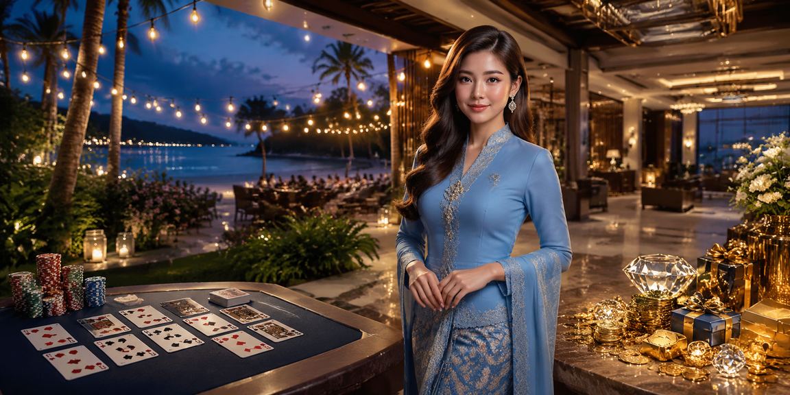 Pemain wanita berbaju kurung bermain permainan kad kasino di Langkawi